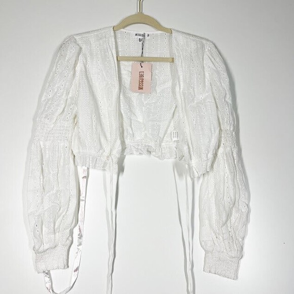 Missguided Women White Cord Broderie Tie Crop Top Eyelet Plunge V-Neck 6 NWT - Picture 2 of 12